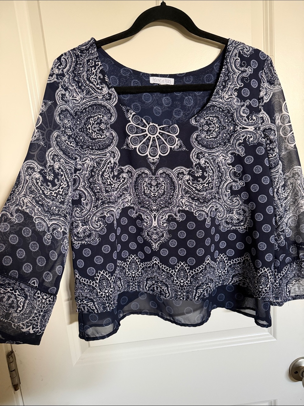 Patrons of Peace Navy and White Paisley Peasant Top